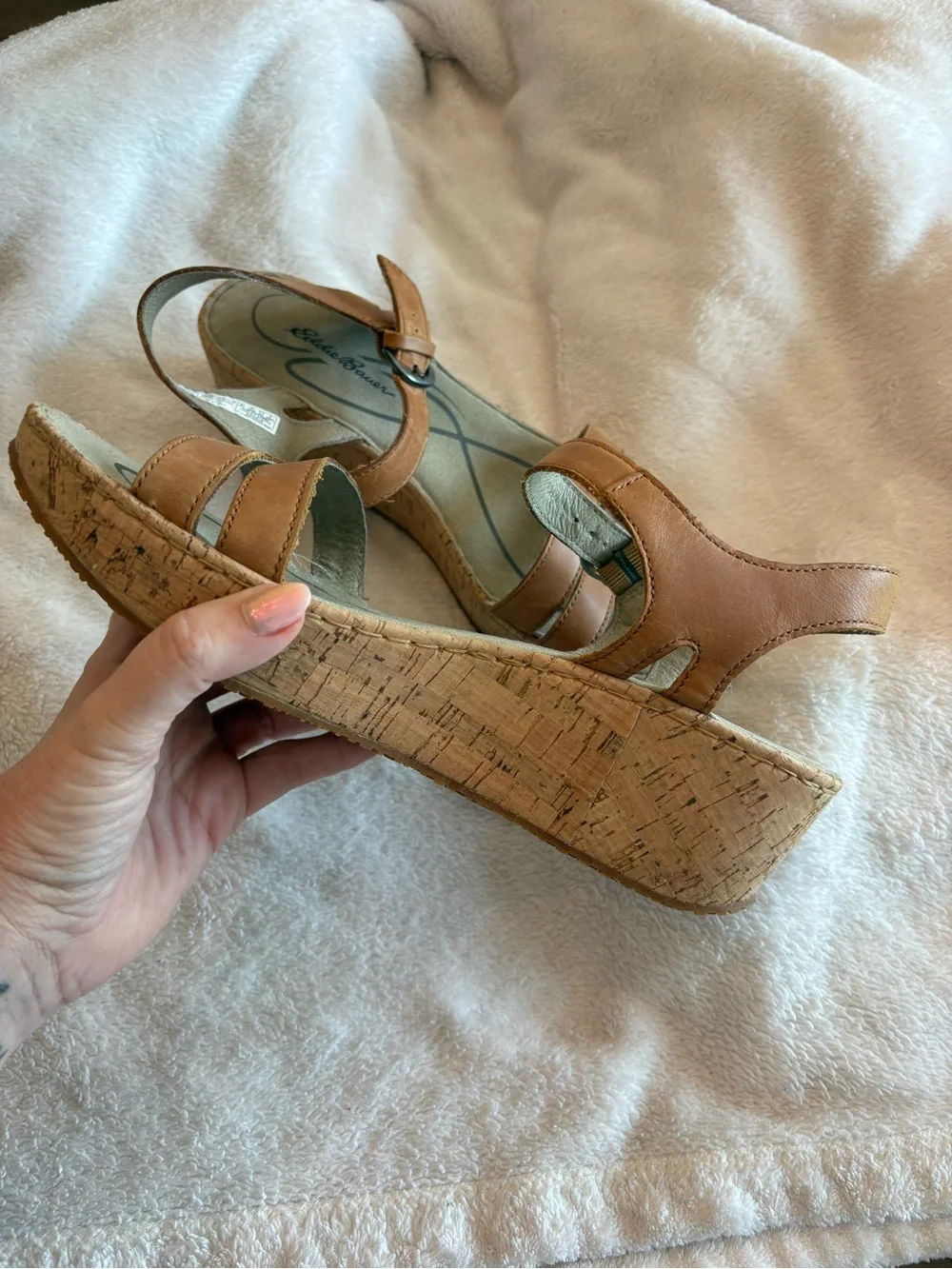 Eddie Bauer Brown Cork Wedge Sandals with Buckle Straps Beach Coastal